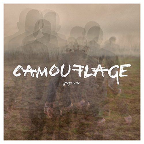 "Album cover with multiple exposures of people in a field, 'Camouflage - Greyscale' text."
