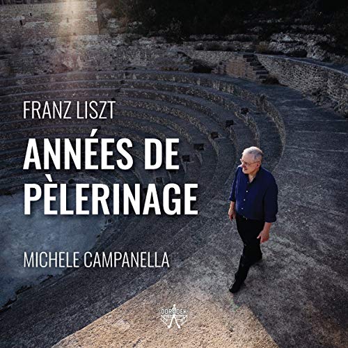 "Album cover with a man walking in an ancient amphitheater, text overlay."