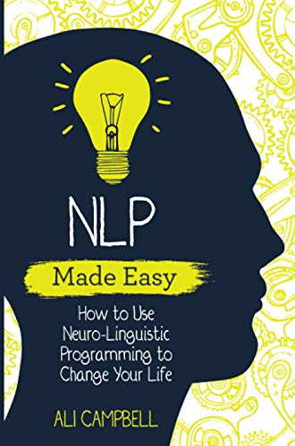 Book cover with a head silhouette, lightbulb, and "NLP Made Easy" text.