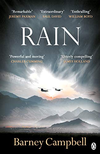 Book cover for “Rain” by Barney Campbell, featuring helicopters and mountains.