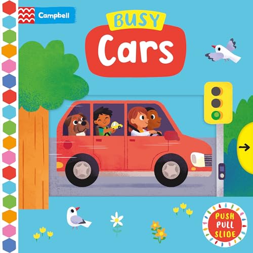 Red car with children and a dog, interactive book cover.