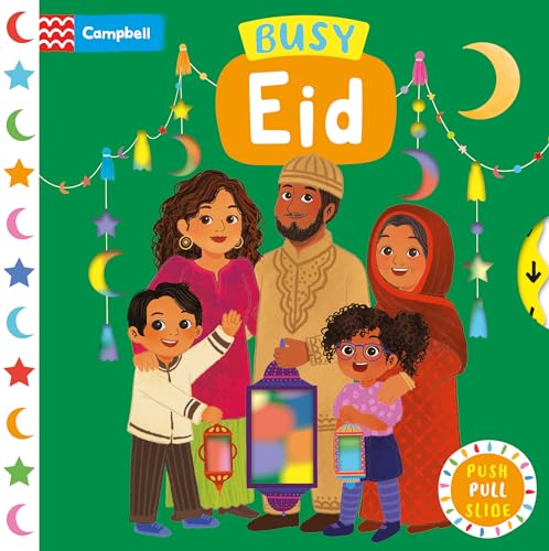 Family celebrating Eid with interactive elements on a green background.