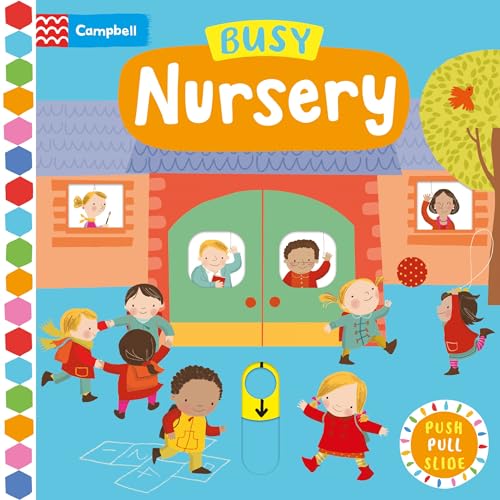 Children playing outside a nursery building on the cover of a board book.