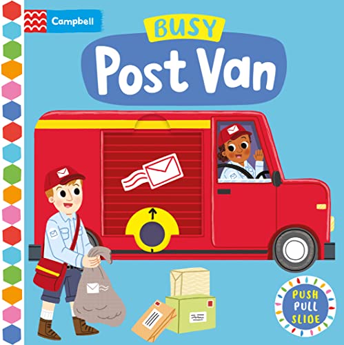 Red post van book with interactive elements, featuring a postal worker.