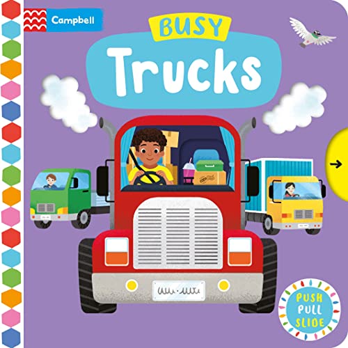 Colorful board book cover featuring a red truck with a child driver.