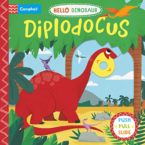 Colorful illustrated children’s book cover featuring a long-necked Diplodocus dinosaur.
