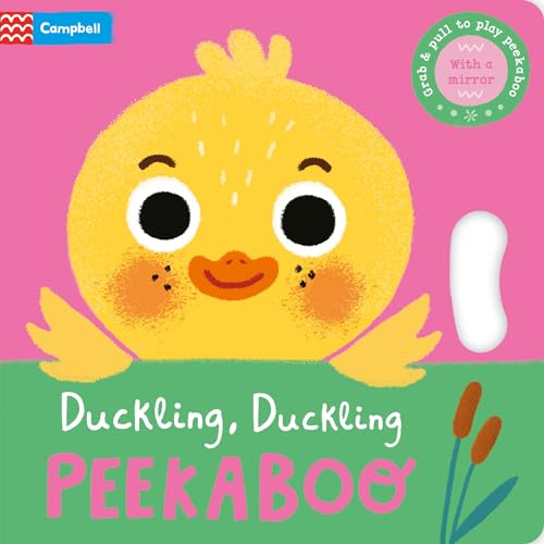Yellow duckling face with a pull-tab and text “Duckling, Duckling, PEEKABOO”.