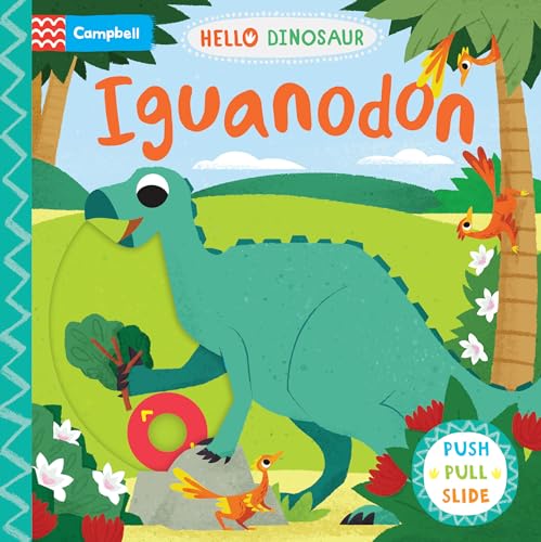 Colorful illustration of a teal Iguanodon dinosaur with interactive elements.