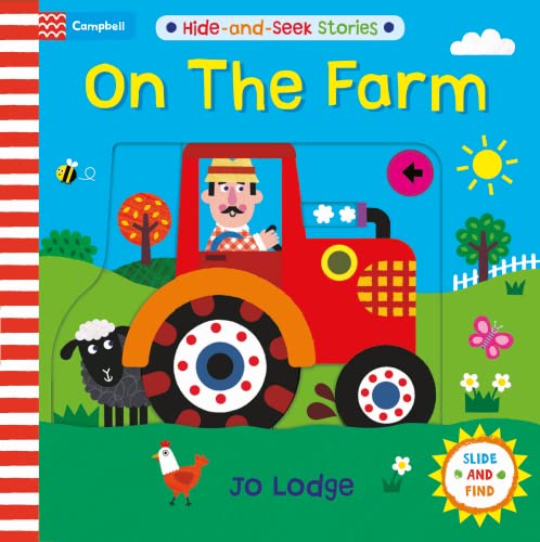Bright children’s book cover, “On The Farm,” featuring a red tractor and farm animals.