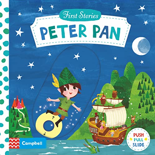 Peter Pan flies over a pirate ship on this illustrated children's board book cover.