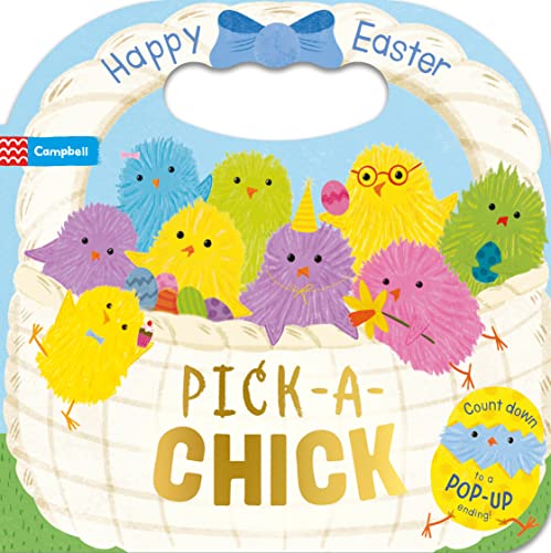 Shaped board book cover with colorful, fluffy chicks in a basket.