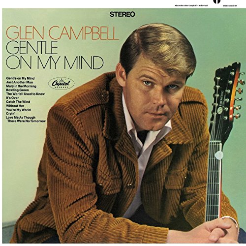 Glen Campbell album cover, "Gentle On My Mind," with portrait and guitar.