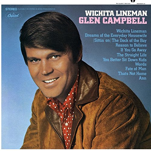 Glen Campbell's "Wichita Lineman" vinyl album cover with his portrait.