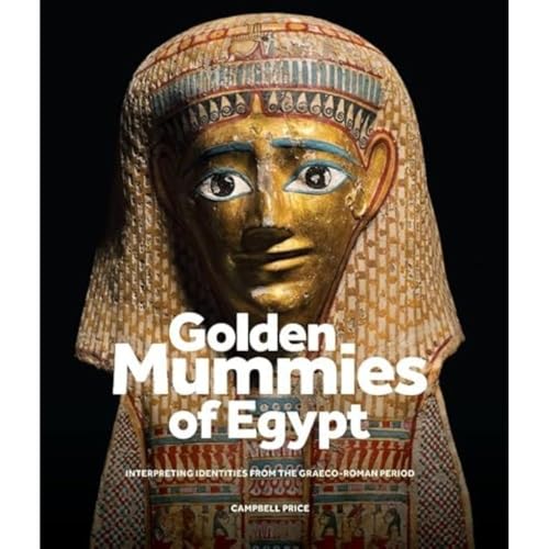 Golden mummy portrait with patterned shroud, book title overlaid.