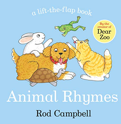 Cover of Animal Rhymes by Rod Campbell featuring a dog, cat, rabbit, and turtle.