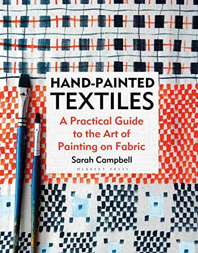 Book cover titled Hand-painted Textiles with two paintbrushes against a hand-painted patterned fabric background.