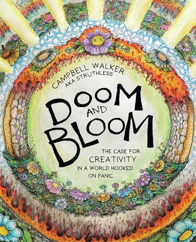 Book cover with a central circular illustration of colorful flowers surrounded by flames.