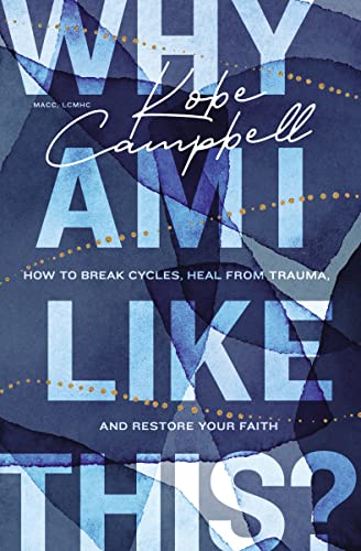 Book cover with blue watercolor shapes, gold dotted lines, and white text on dark background.
