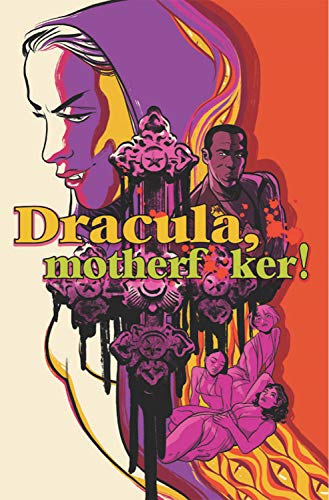 Book cover: Dracula portrait with dripping dark imagery and figures.