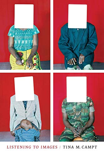 Four portraits with obscured faces against a red background.