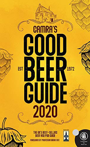 Yellow book cover with large text: "CAMRA's Good Beer Guide 2020" and hop illustrations.