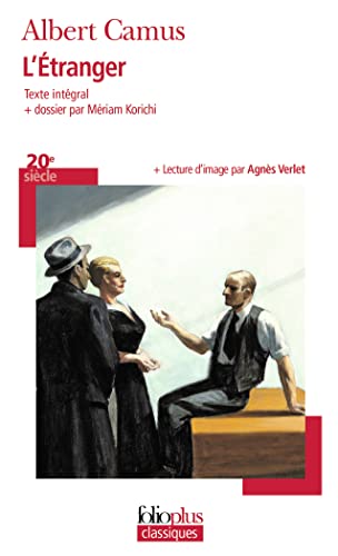 Book cover for L'Étranger by Albert Camus featuring an illustration of three people talking.