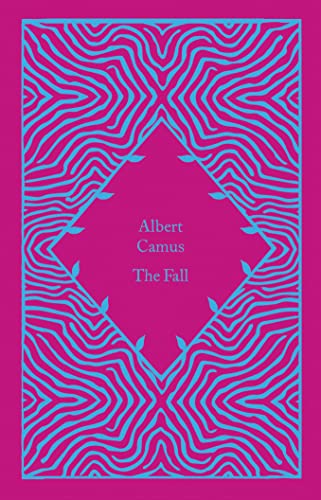 Book cover for "The Fall" by Albert Camus, with abstract blue lines on pink.