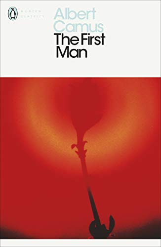 Book cover: "The First Man" by Albert Camus, red and white design.