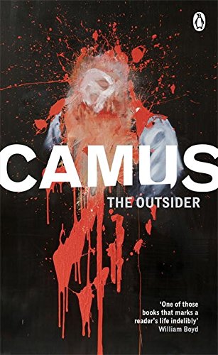 Book cover of "The Outsider" by Camus, featuring a man splattered with red paint.