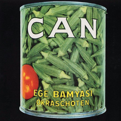 A metal can labeled "CAN" with green okra and a red tomato.