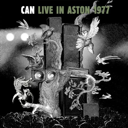 Black and white album cover for Can’s “Live In Aston 1977” with birds and speakers.
