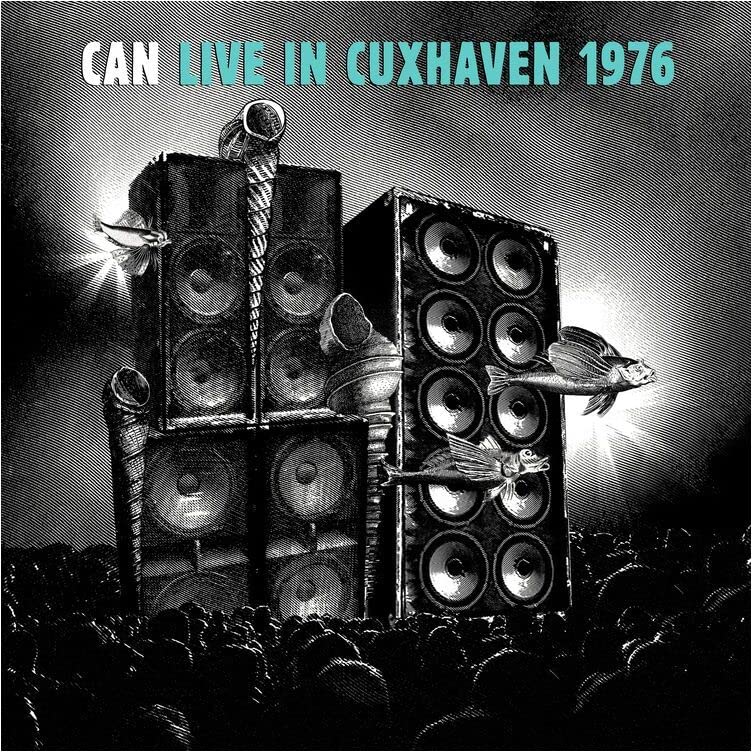 Black and white album cover for “Can - Live in Cuxhaven 1976” with speakers and fish.