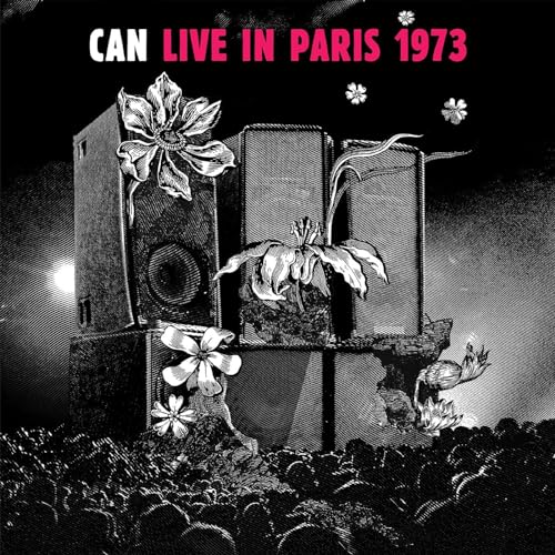 CAN album cover: speakers with flowers, black and white halftone effect.