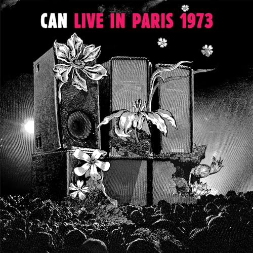 Black and white album cover with speakers and floral illustrations.