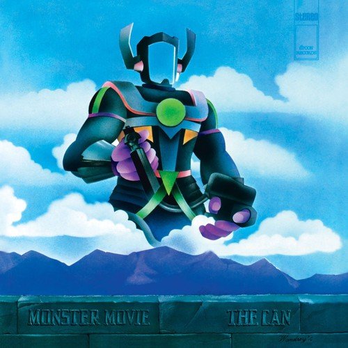 Stylized robotic figure against a blue sky with clouds and purple mountains.