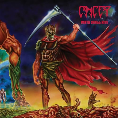 Album cover: muscular figure with scythe amidst a fiery, desolate landscape.