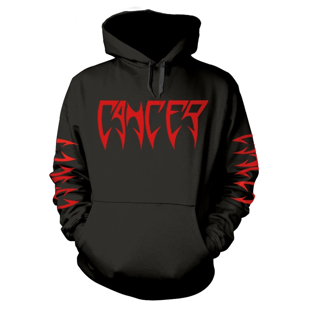 Black zip-up hoodie with red geometric design on chest and sleeves.