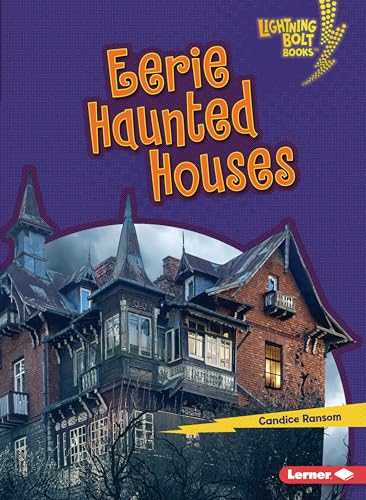 Book cover: "Eerie Haunted Houses" featuring a spooky, detailed Victorian mansion.