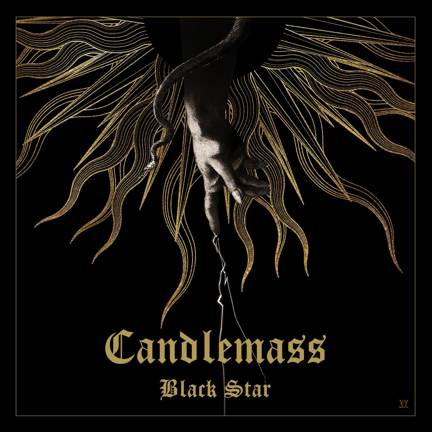 Black and gold album cover for Candlemass’ “Black Star” EP, featuring a hand.