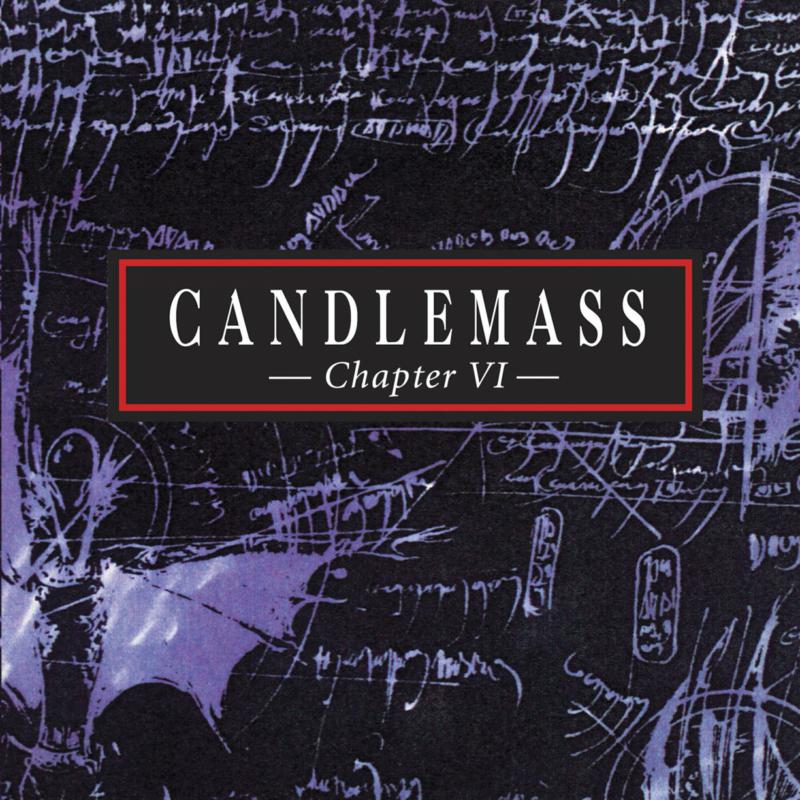Candlemass Chapter VI CD cover: black background with white script and purple shapes.