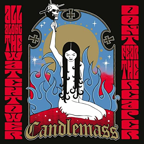 Illustrated album cover showing a woman holding a skull against a blue flame background.