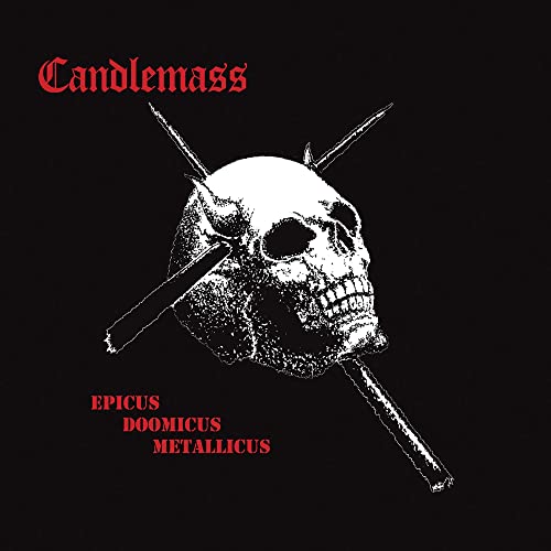 Album cover with a white skull pierced by two sticks on a black background.