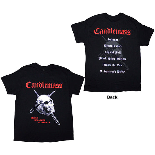 Black unisex T-shirt featuring the Candlemass Epicus Doomicus Metallicus album art on the back.