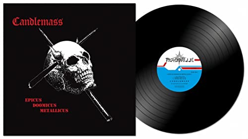 Candlemass Epicus Doomicus Metallicus vinyl record album cover featuring a skull and black disc.