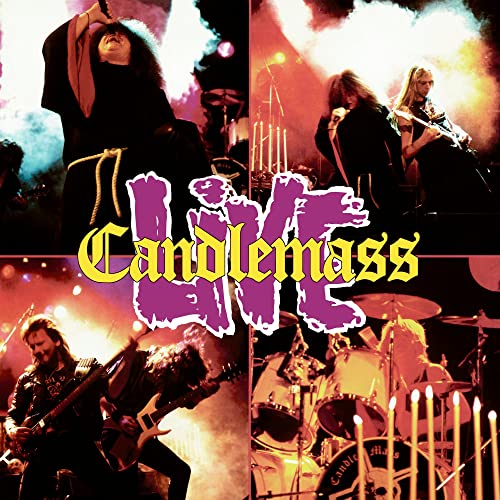Collage of Candlemass band members performing live on stage with yellow and purple text.