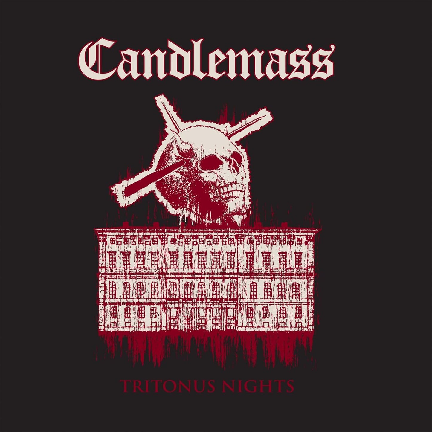 Candlemass album cover: skull with crossed swords over brick wall.