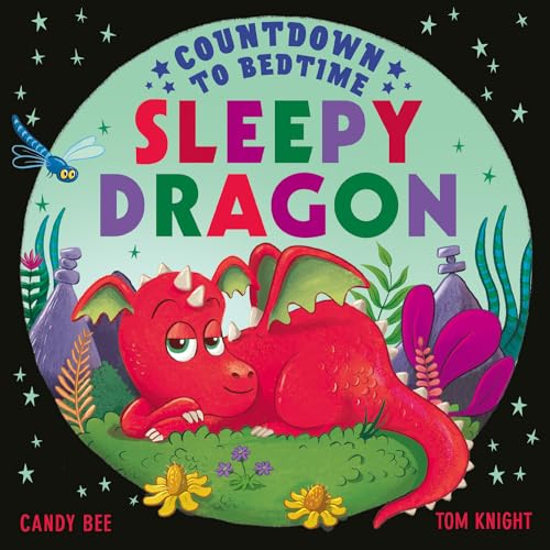 Red dragon yawning amidst flowers and stars on a green background.