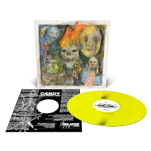 Vinyl record with yellow disc, illustrated album cover, and black and white inner sleeve.
