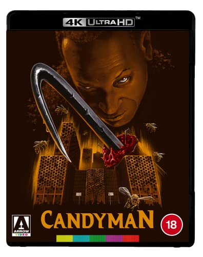 Candyman 4K Ultra HD Blu-ray cover featuring a hook, bees, and a menacing face.