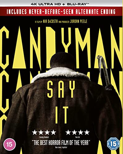 “Candyman” Blu-ray cover featuring a figure with a hook hand, yellow text.
